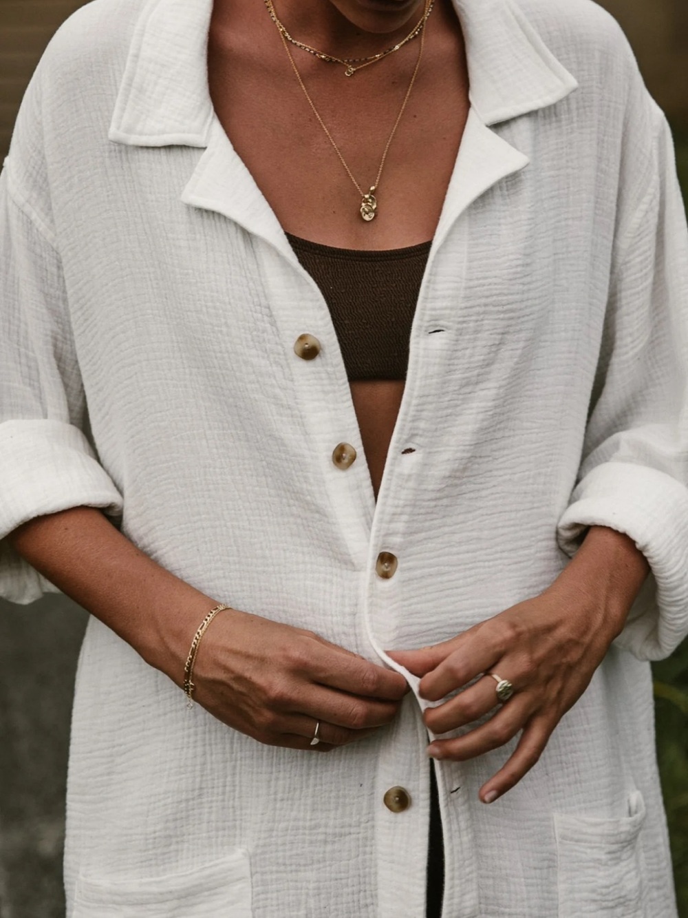 White Gauze Button-Front Shirt by Ottway